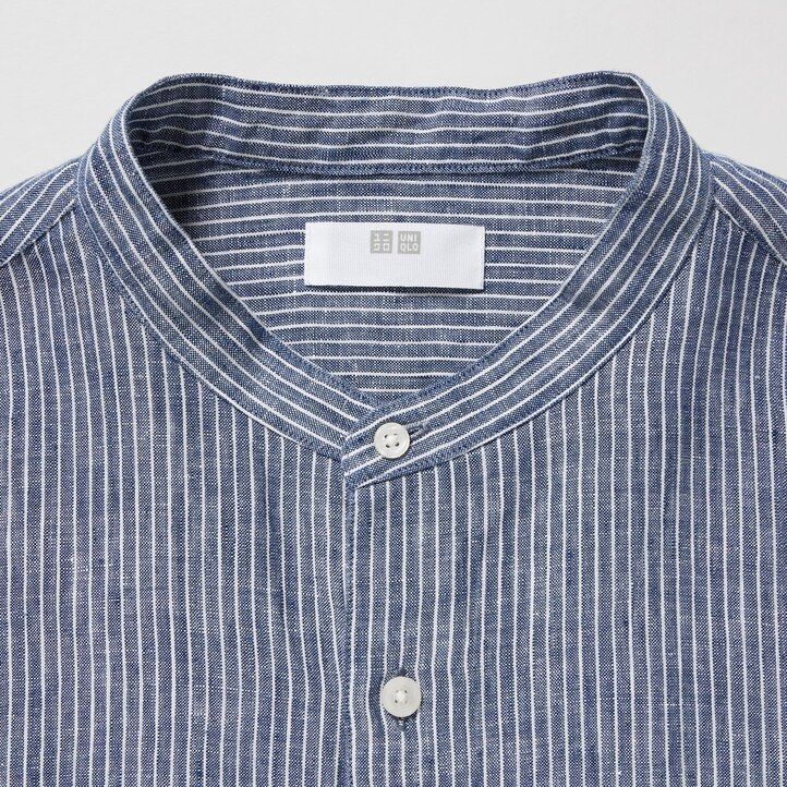 blue uniqlo 100pct premium linen striped regular fit-shirt grandad collar mens shirts