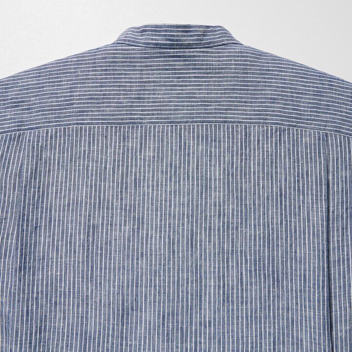 blue uniqlo 100pct premium linen striped regular fit-shirt grandad collar mens shirts
