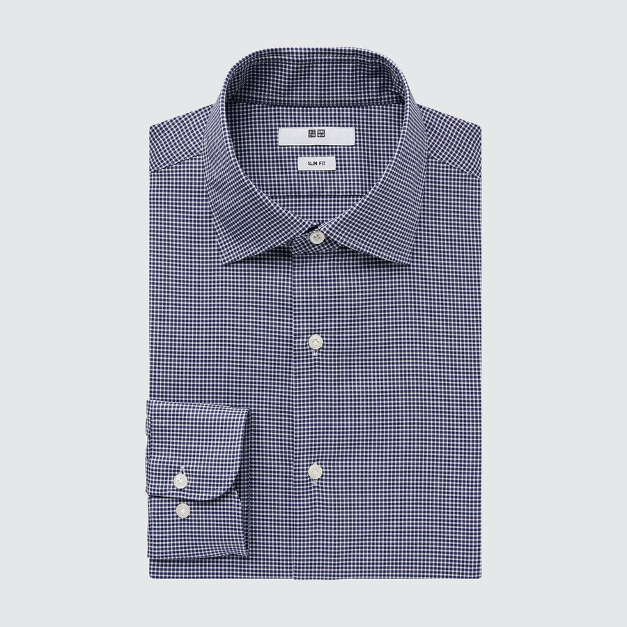 mens uniqlo easyre stretch slim fit checked semi cutaway collar shirts navy