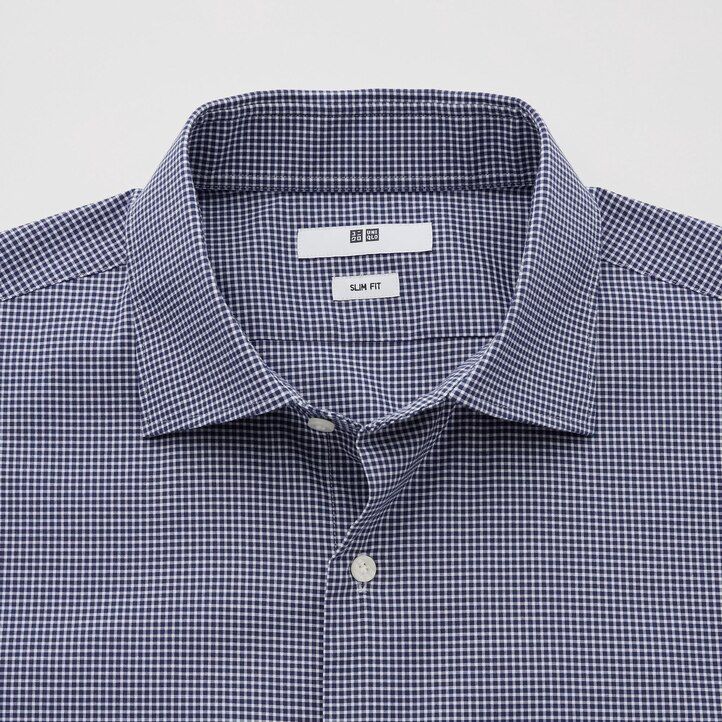 mens uniqlo easyre stretch slim fit checked semi cutaway collar shirts navy
