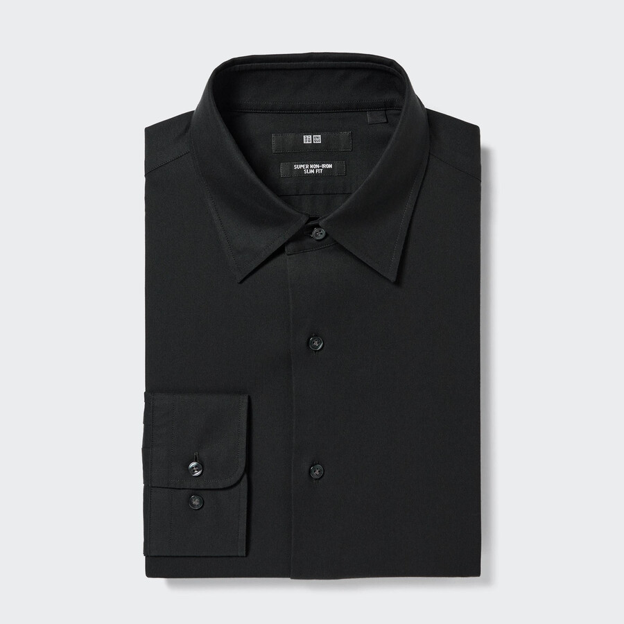 mens uniqlo super non iron slim fit-shirt regular collar shirts black