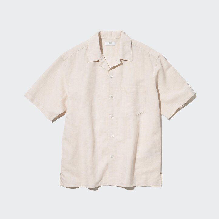 beige uniqlo linen blend sleeved open collar mens shirts