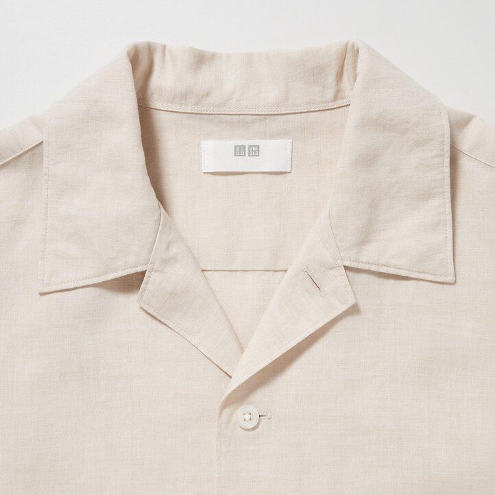 beige uniqlo linen blend sleeved open collar mens shirts