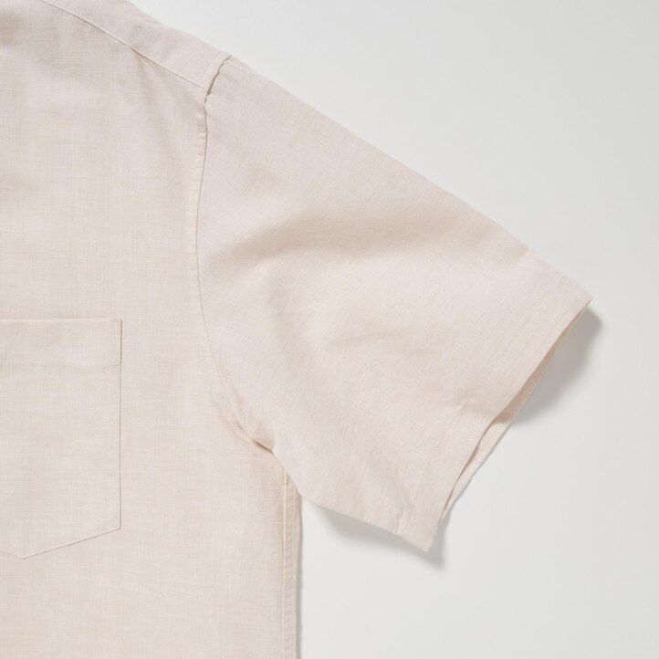 beige uniqlo linen blend sleeved open collar mens shirts