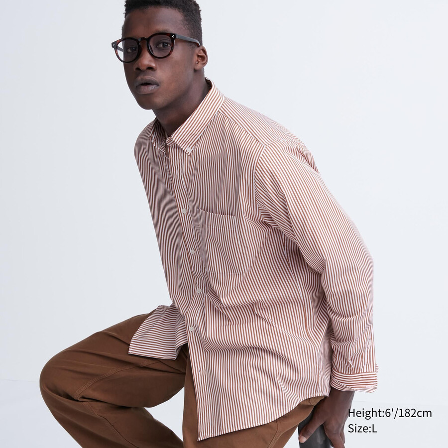 orange uniqlo extra fine cotton broadcloth regular fit striped button down collar mens shirts
