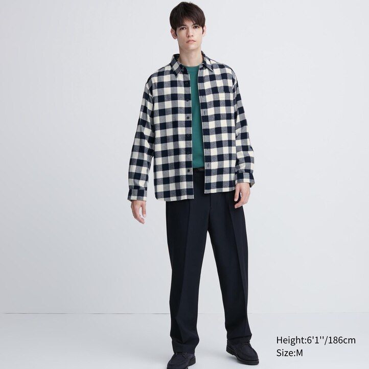 mens uniqlo flannel regular fit checked regular collar shirts white