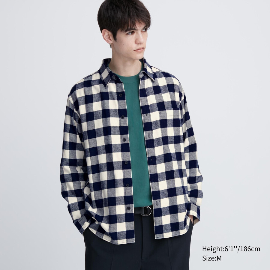 white mens uniqlo flannel regular fit checked regular collar shirts