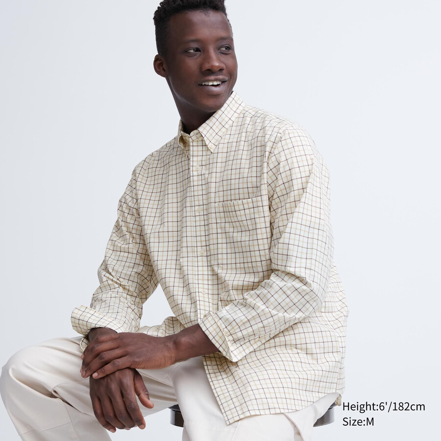uniqlo extra fine cotton broadcloth regular fit checked button down collar mens shirts white