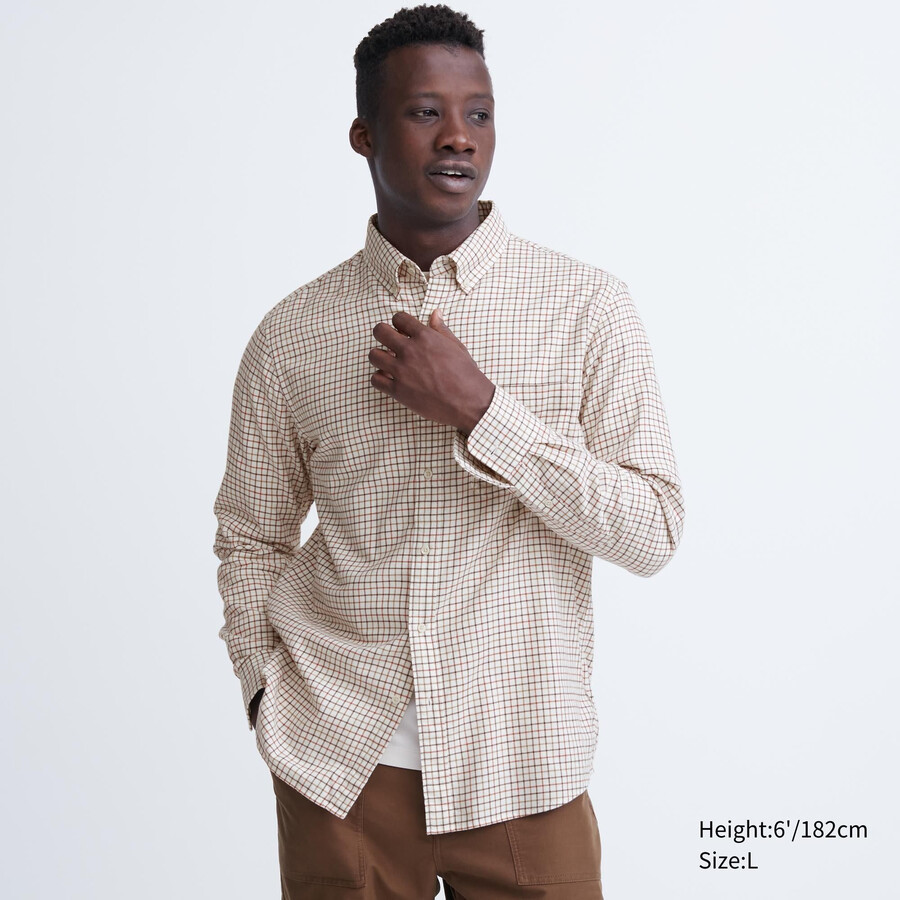 uniqlo flannel regular fit checked button down collar mens shirts white