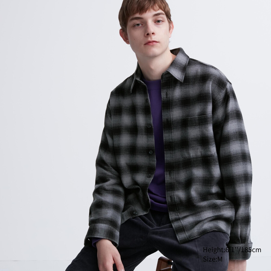 grey mens uniqlo flannel regular fit checked regular collar shirts