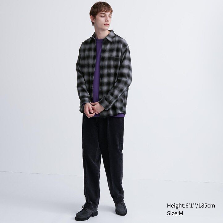 grey mens uniqlo flannel regular fit checked regular collar shirts