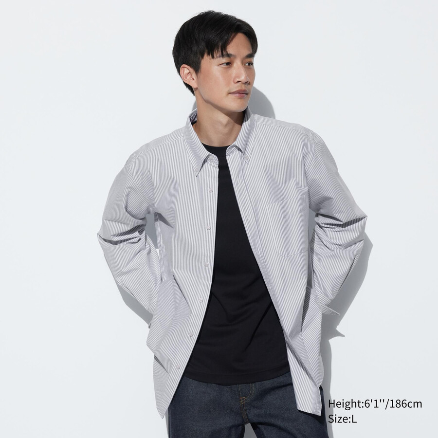 grey uniqlo regular fit striped oxford regular collar mens shirts