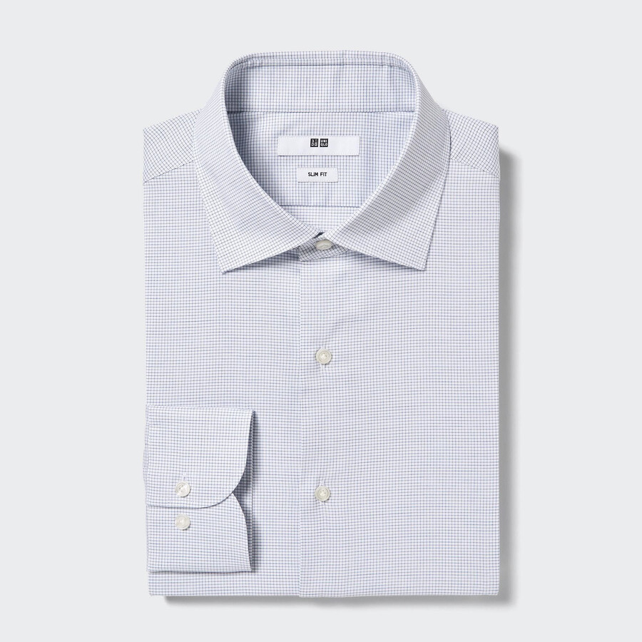 mens uniqlo easyre stretch slim fit checked semi cutaway collar shirts blue