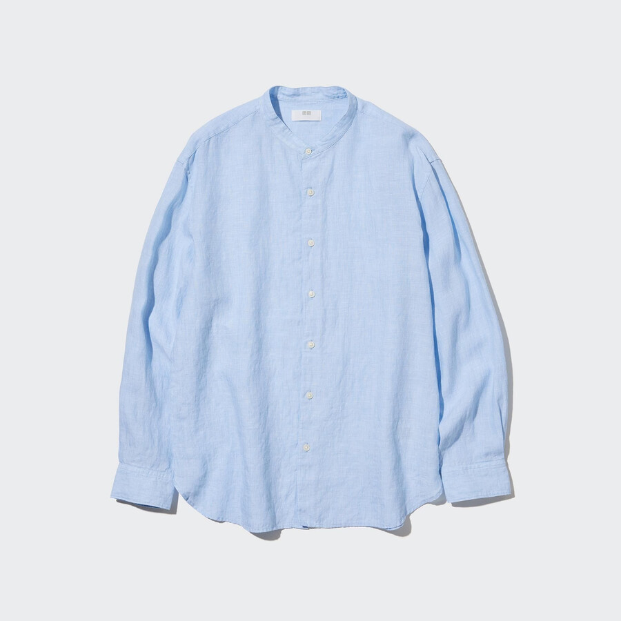 mens uniqlo 100pct premium linen regular fit-shirt grandad collar shirts blue