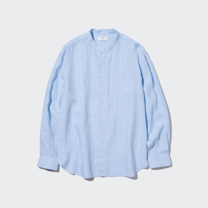 mens uniqlo 100pct premium linen regular fit-shirt grandad collar shirts blue