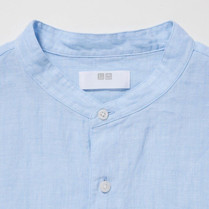 mens uniqlo 100pct premium linen regular fit-shirt grandad collar shirts blue