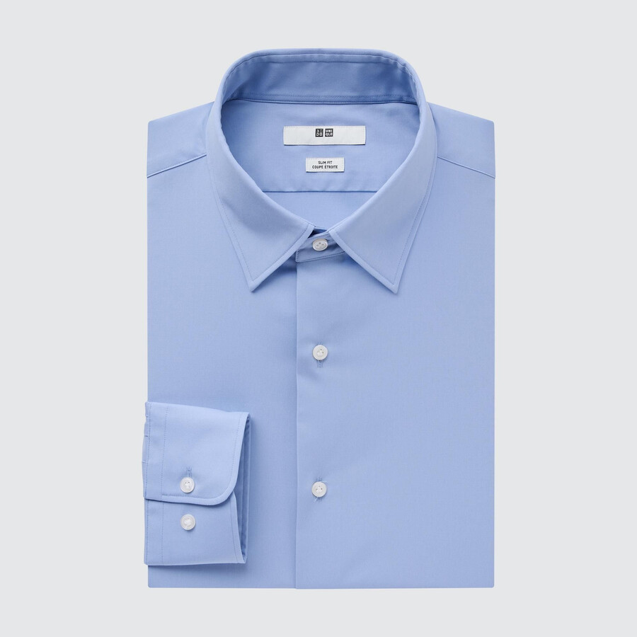 mens uniqlo easyre broadcloth stretch slim fit-shirt regular collar shirts blue