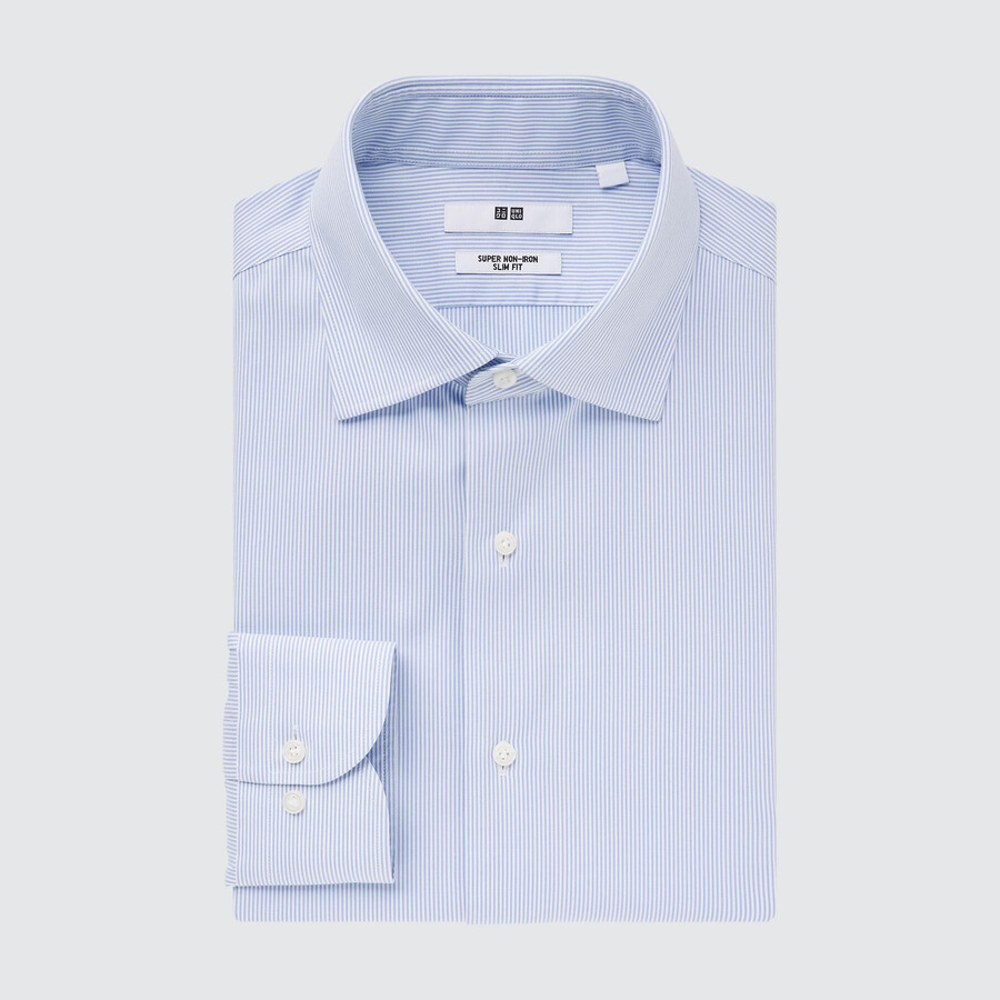 mens uniqlo super non iron slim fit striped semi cutaway collar shirts blue