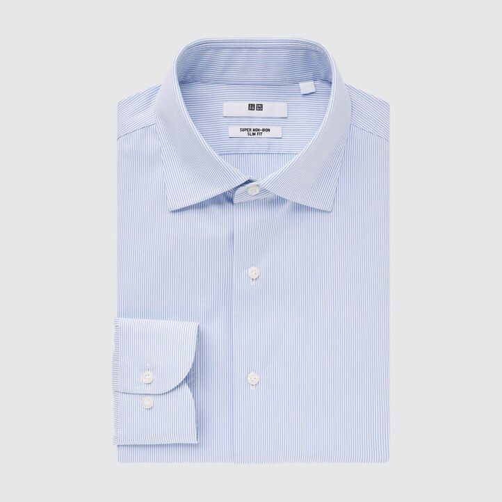 mens uniqlo super non iron slim fit striped semi cutaway collar shirts blue