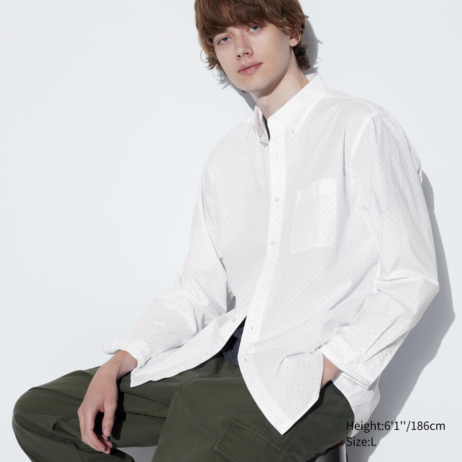 mens uniqlo extra fine cotton broadcloth printed button down collar shirts white