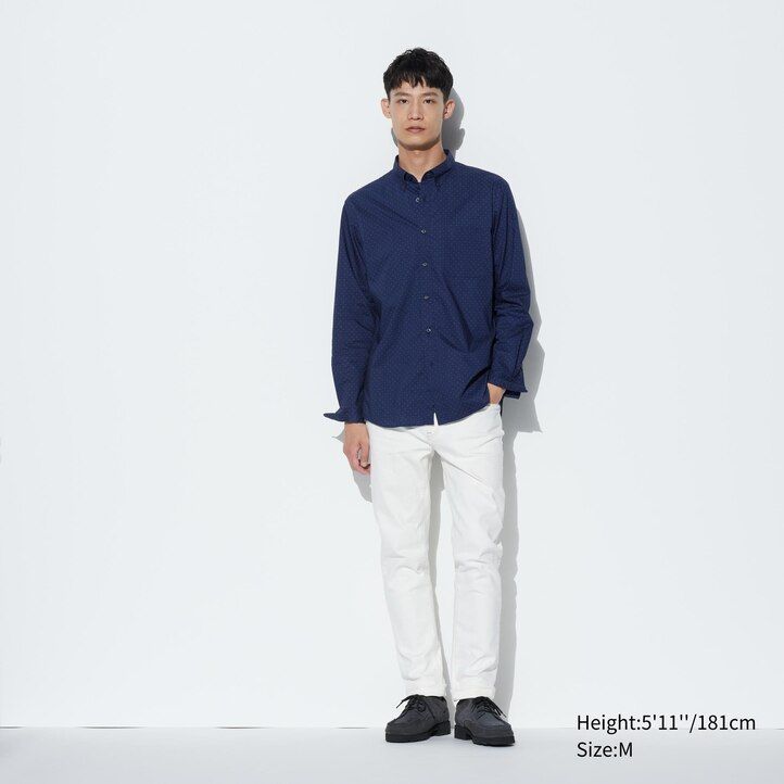 mens uniqlo extra fine cotton broadcloth printed button down collar shirts white