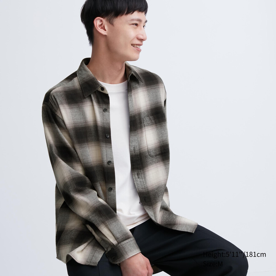 black mens uniqlo flannel checked regular fit-shirt regular collar shirts