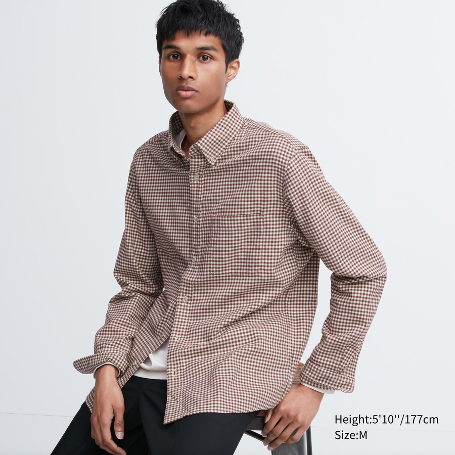 red uniqlo flannel regular fit checked button down collar mens shirts