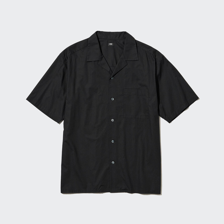 black uniqlo cotton blendsual sleeved open collar mens shirts
