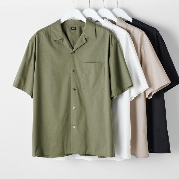 black uniqlo cotton blendsual sleeved open collar mens shirts