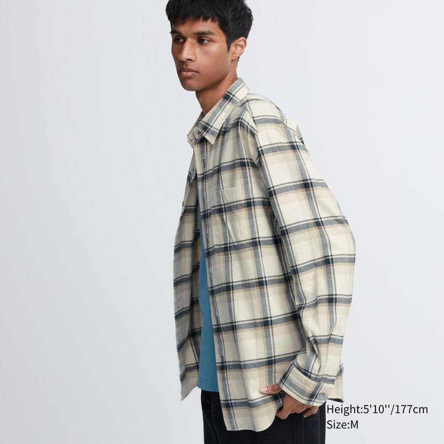 mens uniqlo flannel regular fit checked regular collar shirts beige