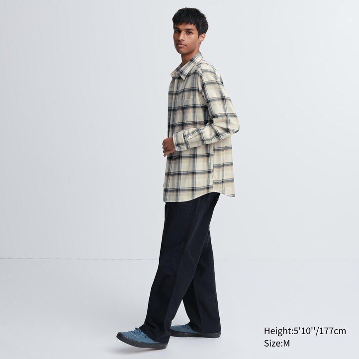 mens uniqlo flannel regular fit checked regular collar shirts beige