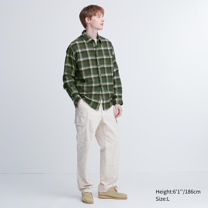 mens uniqlo flannel regular fit checked regular collar shirts beige