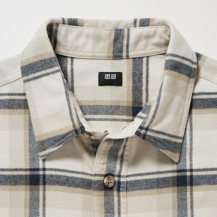 mens uniqlo flannel regular fit checked regular collar shirts beige