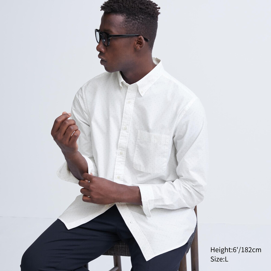 mens uniqlo extra fine cotton broadcloth regular fit printed button down collar shirts white