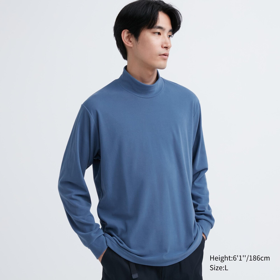 blue mens uniqlo fleece stretch mock neck sleeved t shirts
