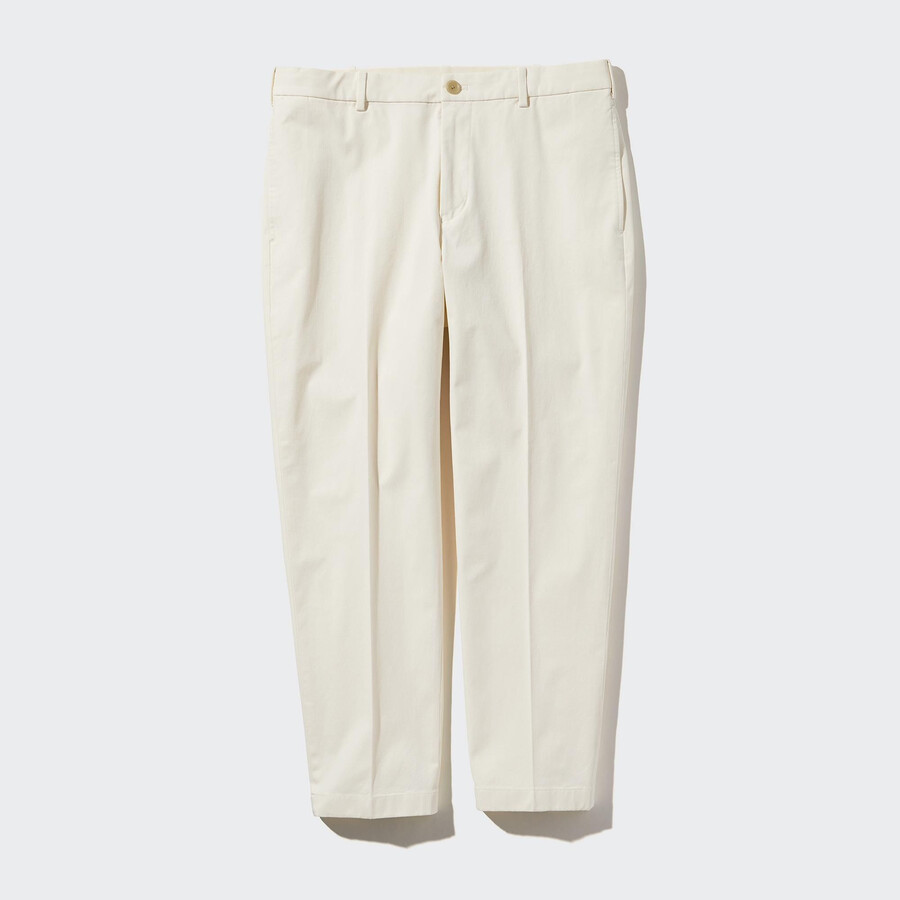 white mens uniqlo smart cotton ankle length trousers