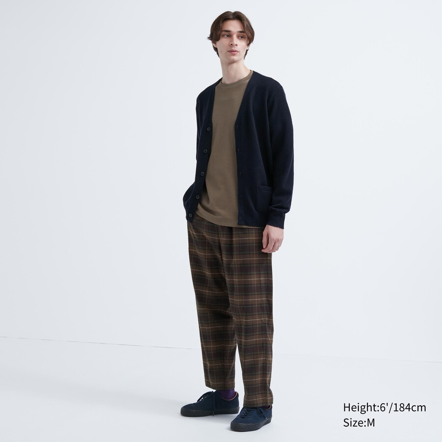 dark brown mens uniqlo flannel easy patterned ankle length trousers