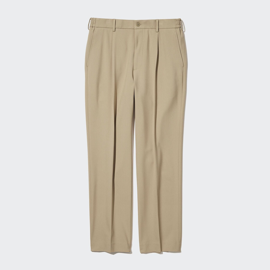 mens uniqlo two way stretch pleated tapered fit trousers beige