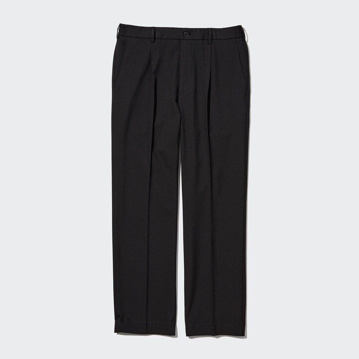mens uniqlo two way stretch pleated tapered fit trousers beige