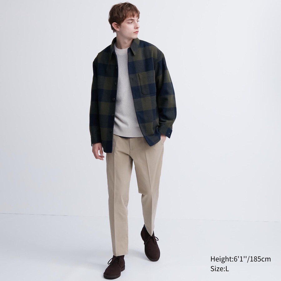 beige mens uniqlo smart cotton like ankle length trousers