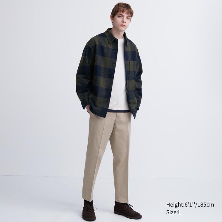 beige mens uniqlo smart cotton like ankle length trousers