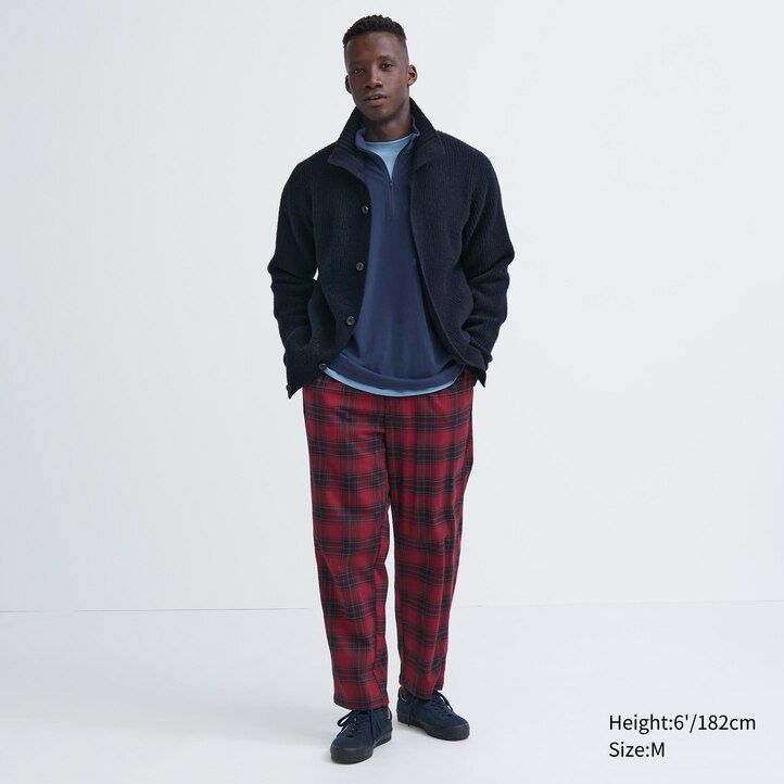 mens uniqlo flannel easy patterned ankle length trousers red