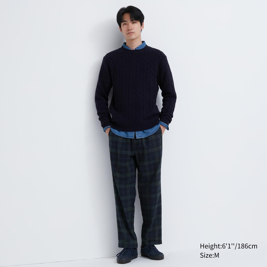 uniqlo flannel easy patterned ankle length mens trousers dark green