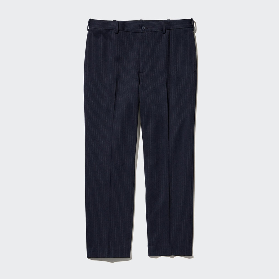 navy mens uniqlo smart striped ankle length trousers