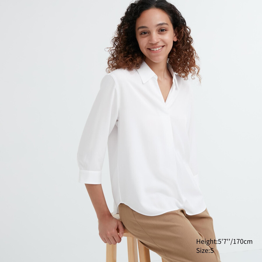 white uniqlo rayon skipper collar 34 sleeved womens blouse