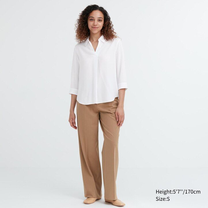 white uniqlo rayon skipper collar 34 sleeved womens blouse
