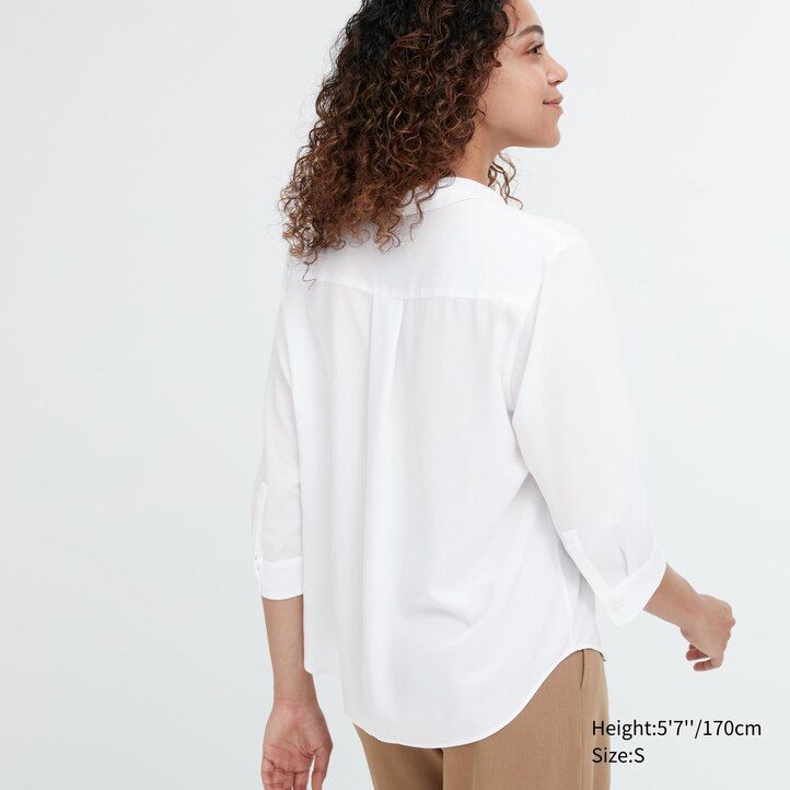 white uniqlo rayon skipper collar 34 sleeved womens blouse