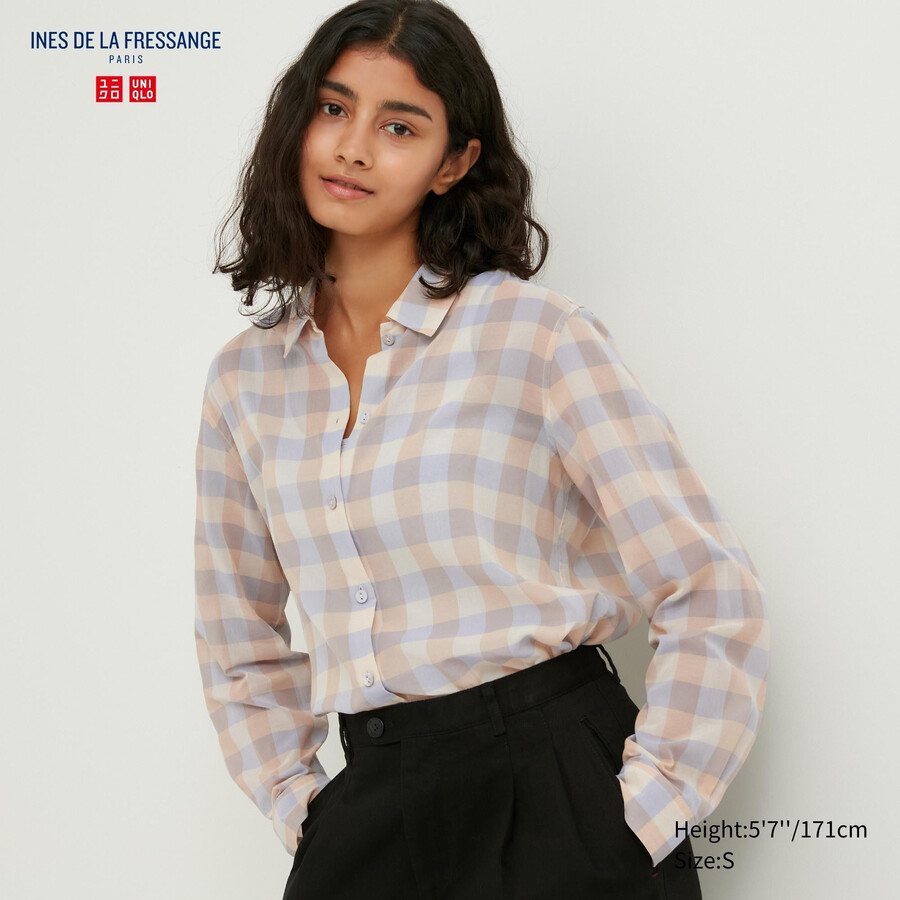 beige uniqlo sheer cotton checked womens blouse