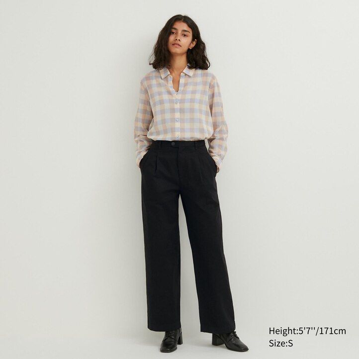 beige uniqlo sheer cotton checked womens blouse