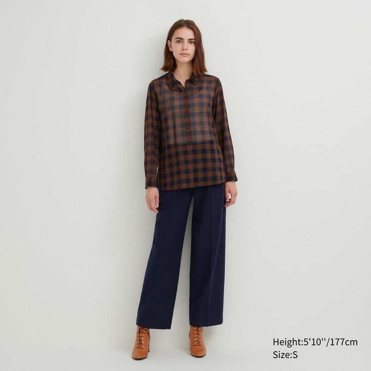 beige uniqlo sheer cotton checked womens blouse